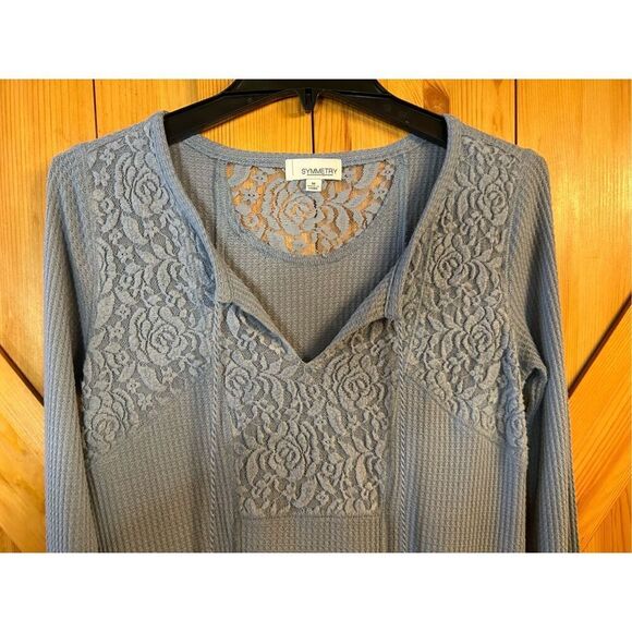Symmetry Tunic top blue long sleeves v neck front tie waffle knit size medium (8 - Picture 3 of 6